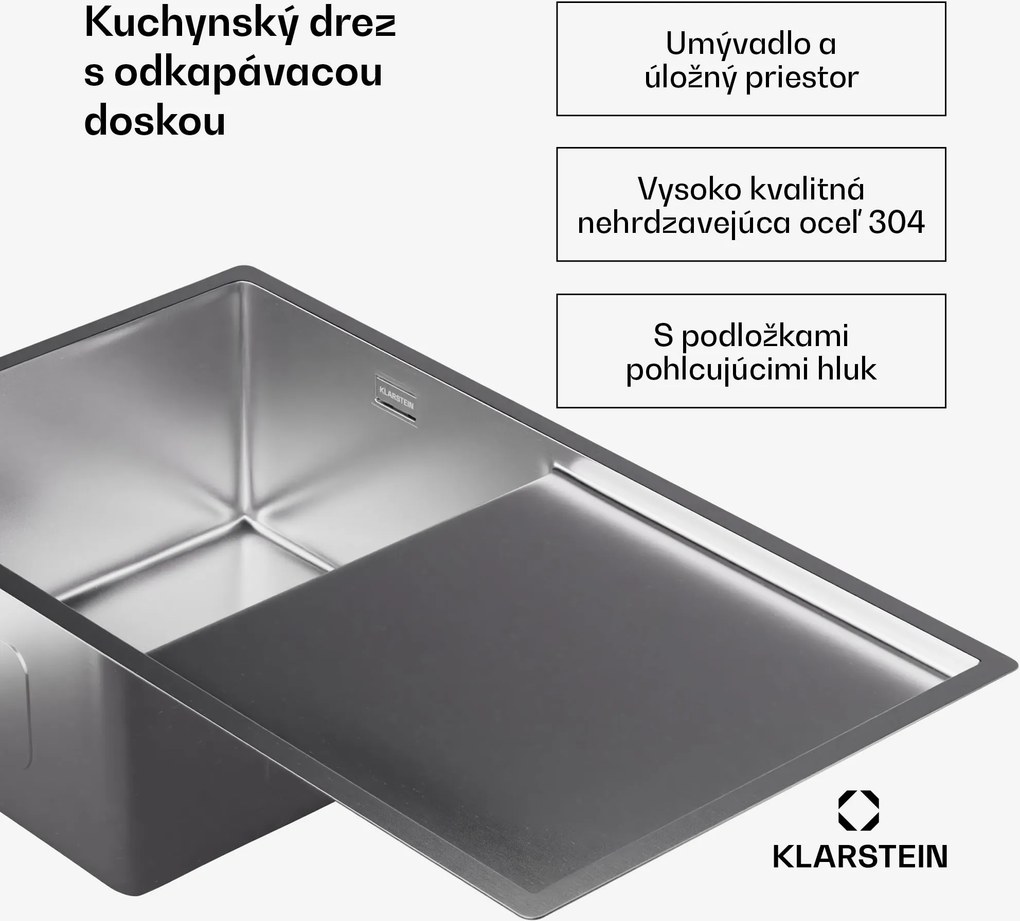 Klarstein TitanSteel kuchynský drez s odkvapkávačom, 79 x 44 cm, nehrdzavejúca oceľ, odolný voči poškriabaniu, odolný voči teplu