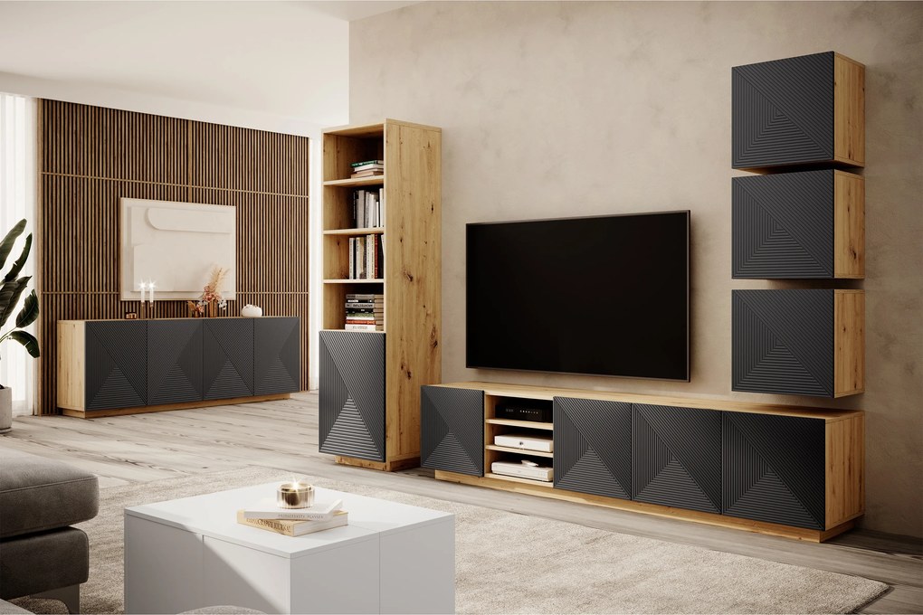 RTV skrinka Asha 200 cm s ryhovaným čelom - artisan / rivier stone mat