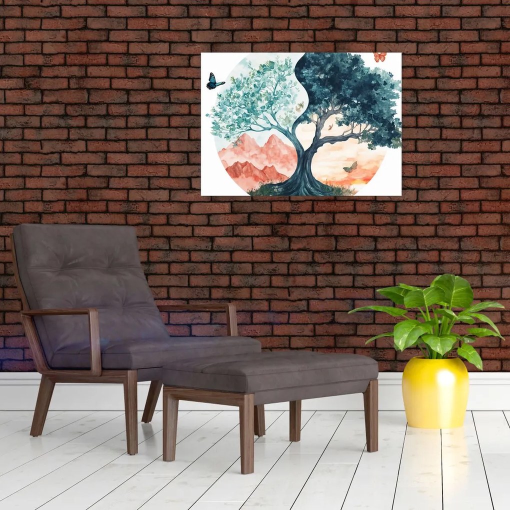 Sklenený obraz – Akvarelový strom plný života (70x50 cm)