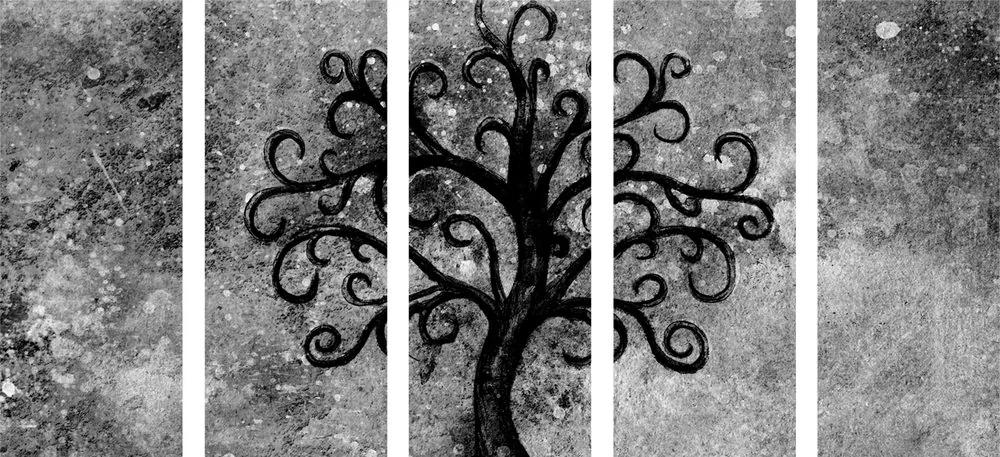 5-dielny obraz čiernobiely strom života v nekonečnom vesmíre