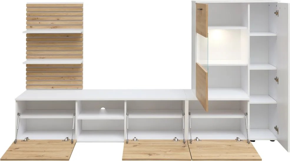 Obývacia stena Heathrow, biela/dub artisan, s osvetlením