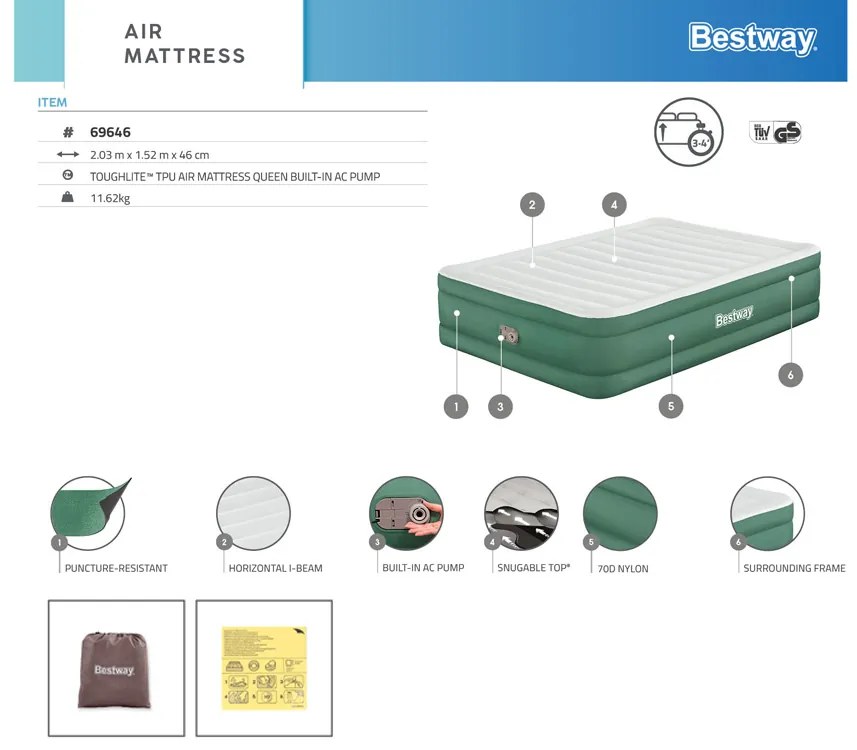 Dvojitý nafukovací matrac Bestway so vstavanou pumpou 203 x 152 x 46 cm 69646