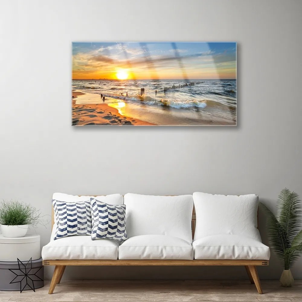 Skleneny obraz More západ slnka pláž 140x70 cm
