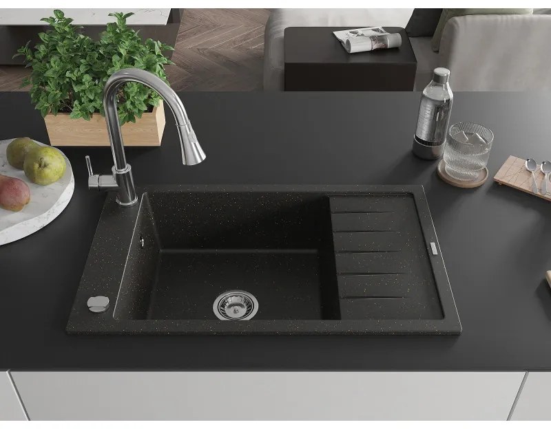 Mexen Elias, 1-komorový granitový drez 795x480x200 mm a drezová batéria Elia, čierna-zlatá metalíza, 6511-75-670101-00