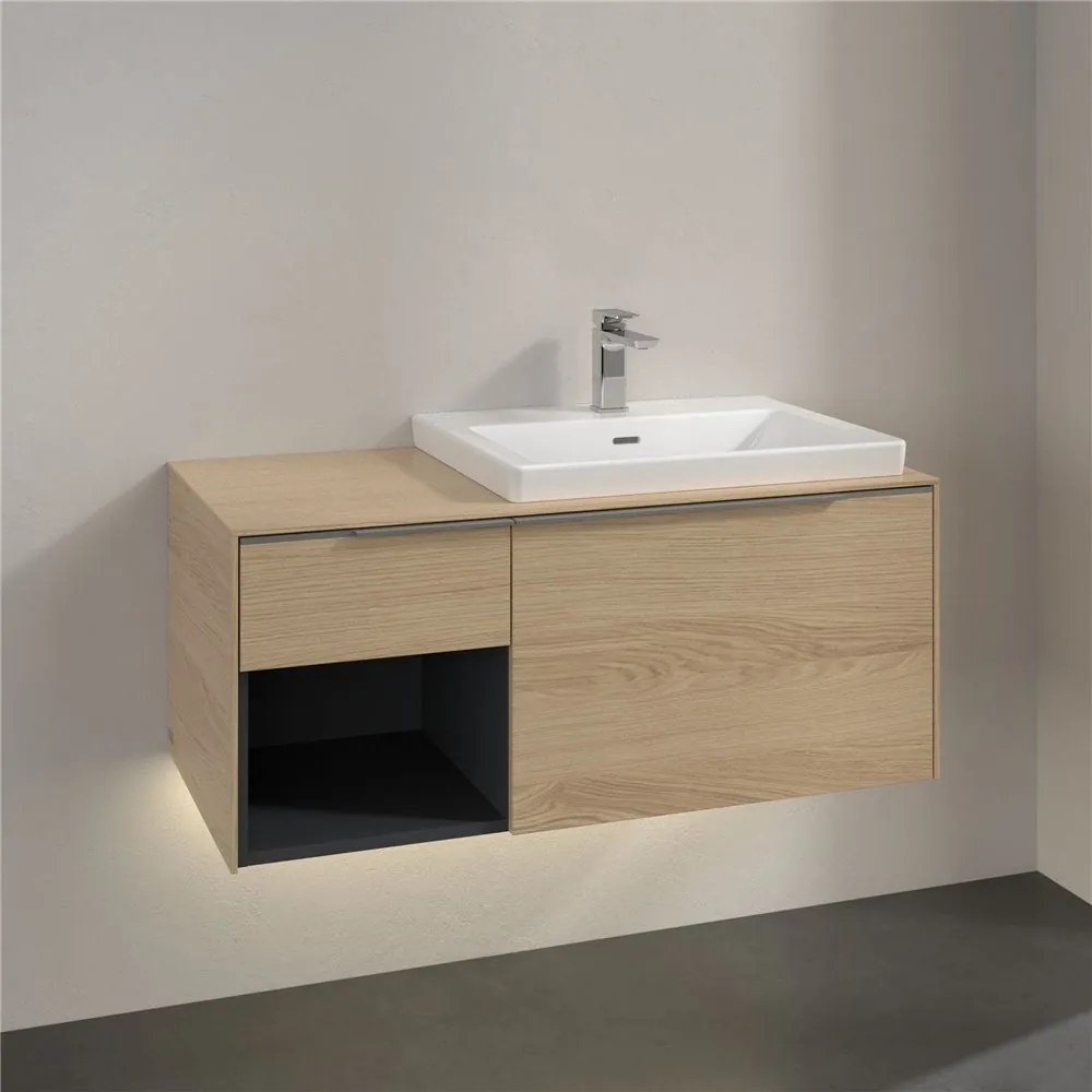 VILLEROY &amp; BOCH Subway 3.0 závesná skrinka pod umývadlo (umývadlo vpravo), 2 zásuvky + regálový prvok, s LED osvetlením, 1001 x 516 x 422,5 mm, Nordic Oak, C571L0VJ