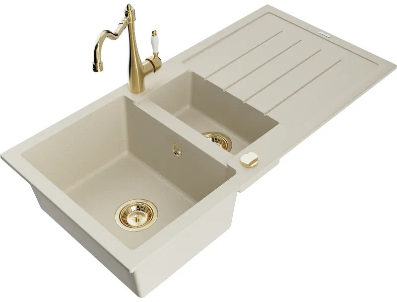 Mexen Andres, granitový drez 1000x500x200 mm, 1,5-komorový a drezová batéria Carla, béžová, 6515-69-670700-50
