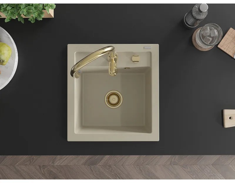 Mexen Vito, 1-komorový granitový drez 520x490x210 mm a drezová batéria Savita, béžová, 6503-69-672601-50