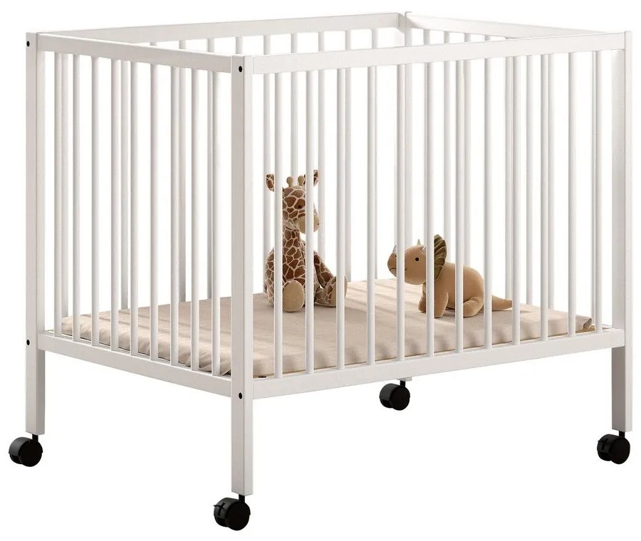 Biela detská ohrádka z bukového dreva s nastaviteľnou výškou/na kolieskach 95x75 cm Dino – Vipack