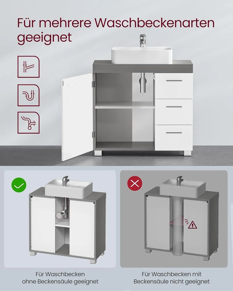 Kúpeľňová skrinka pod umývadlo, 30 x 70 x 64 cm, sivá a biela farba