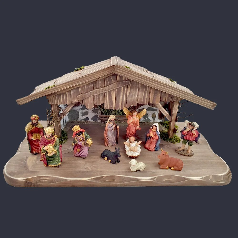 AMADEA Drevený šedohnedý betlehem s figúrkami 45 cm