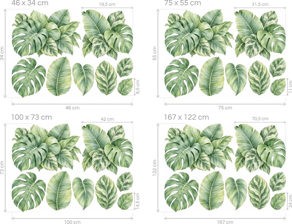 Tropické listy monstery botanické nálepky do obývačky na stenu arch 46 x 34 cm