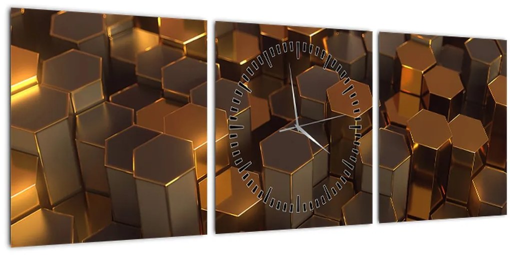 Obraz - Bronzové hexagóny (s hodinami) (90x30 cm)
