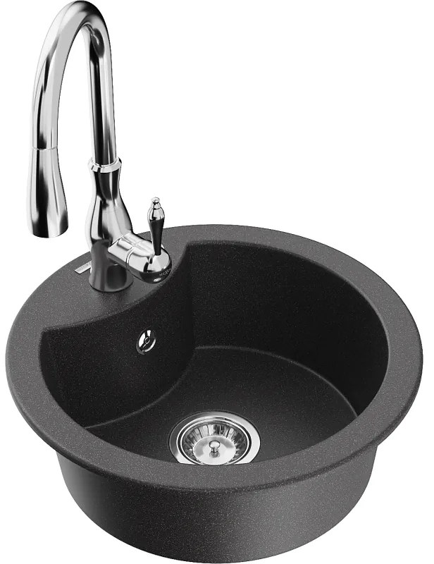 Mexen Diego, 1-komorový granitový drez 488x488x167 mm a drezová batéria Savita, čierna škvrtnitá, 6512-76-672601-00