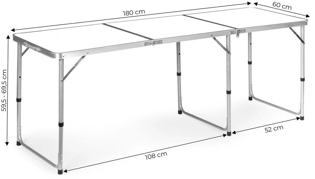 Skladací kempingový stôl s bielou doskou, 180 x 60 cm