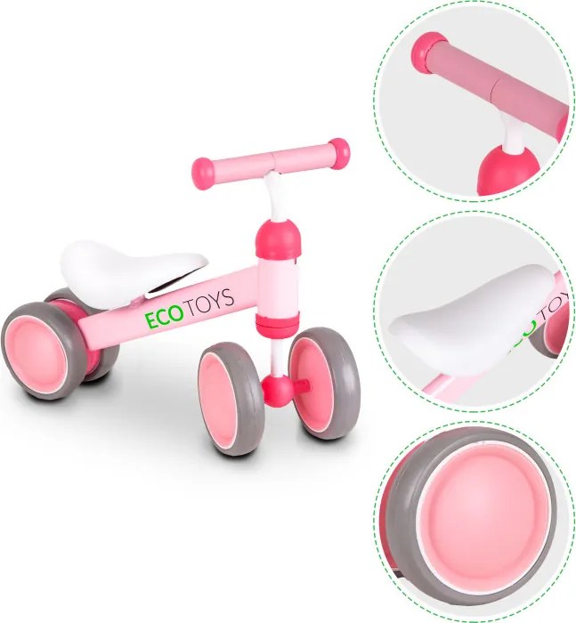 ECOTOYS odrážadlo pre deti 18–36 m, ružové, dvojité predné kolieska, blokáda riadenia