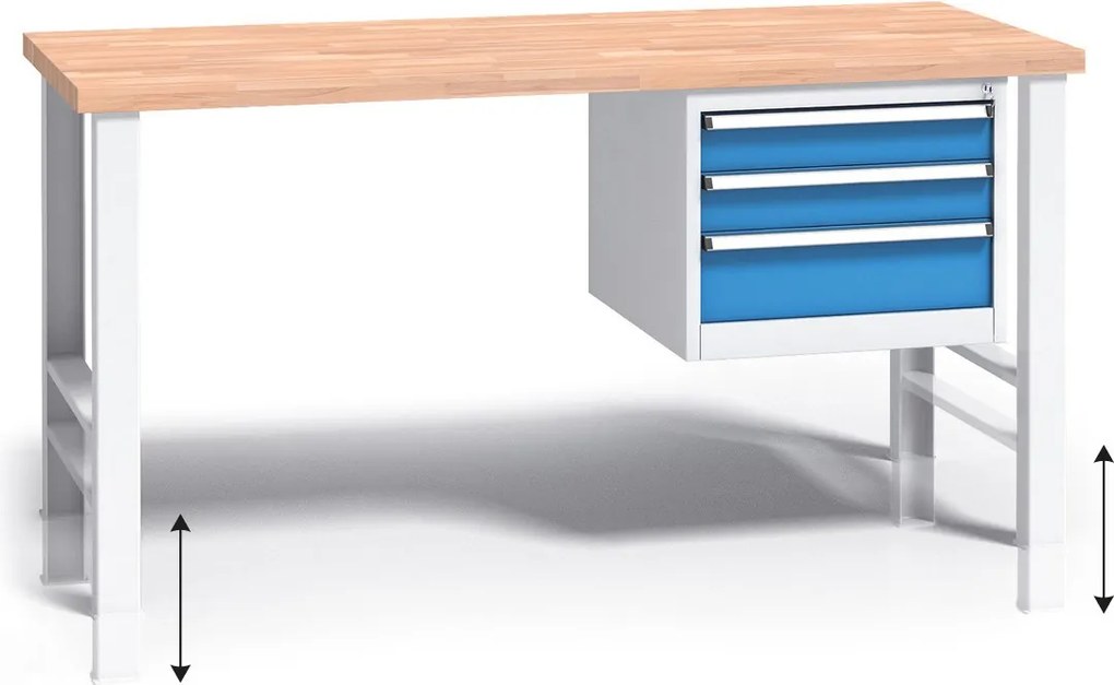 Výškovo nastaviteľný pracovný stôl do dielne G3 so závesným boxom na náradie, buková škárovka, 3 zásuvky, 1500 x 685 x 840 - 1050 mm, modrá