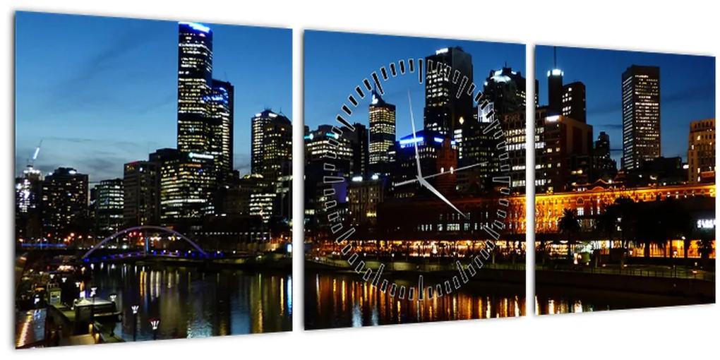 Obraz noci v Melbourne (s hodinami) (90x30 cm)