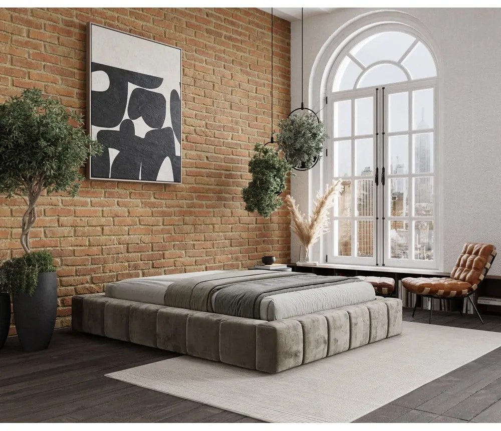 Béžová čalúnená dvojlôžková posteľ s úložným priestorom s roštom 200x200 cm Aruba L – Maison de Rêve