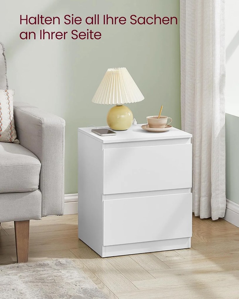 Nočná skrinka s integrovanou zásuvkou, 2 ks set, oblá biela