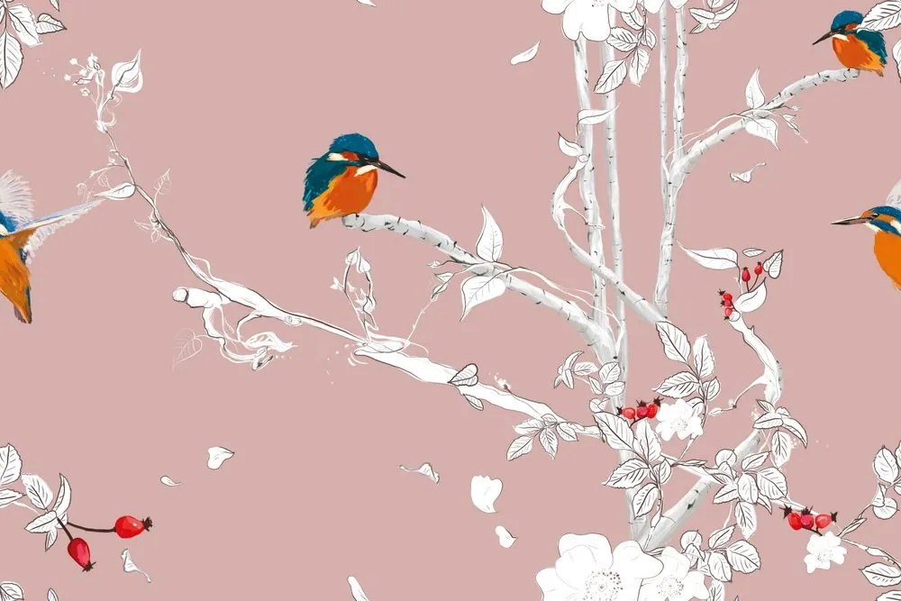 Samolepiaca tapeta vtáčiky v hustom lese s ružovým pozadím
