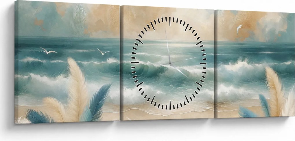 Obraz – Maľovaná pláž v jemných farbách (s hodinami) (90x30 cm)