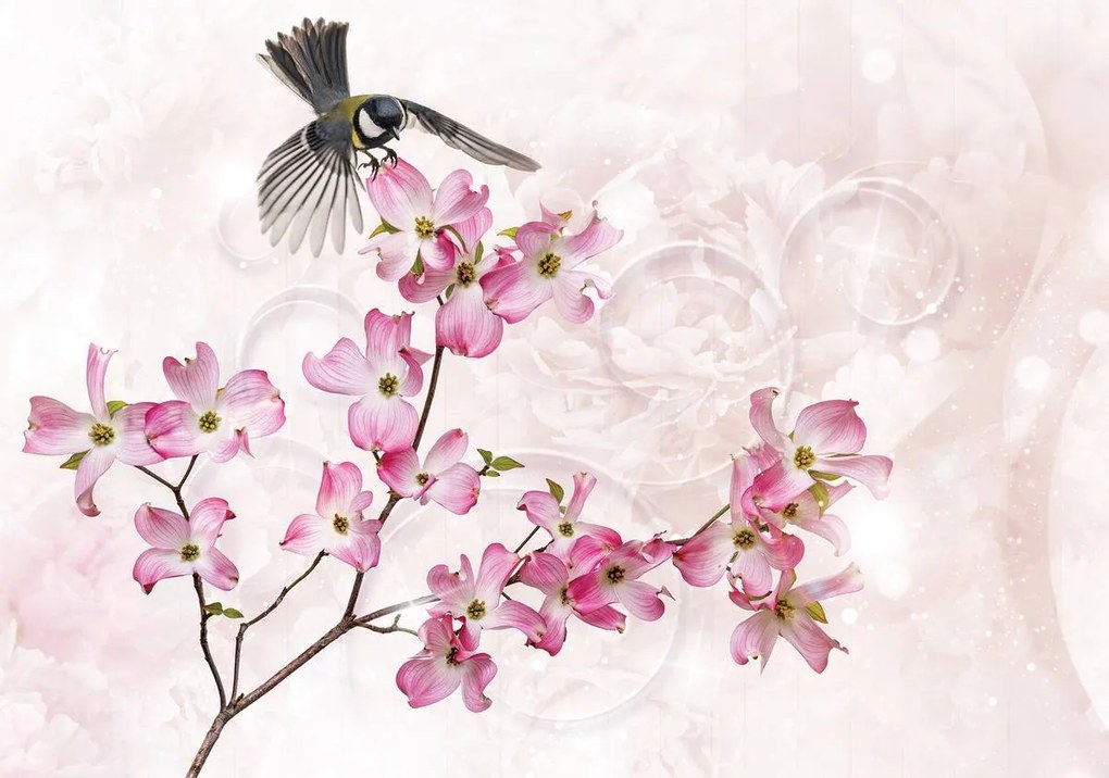 Fototapeta - Vtáčik na kvetine (254x184 cm)