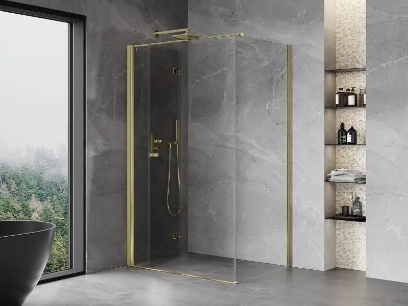 Mexen Mist-F T, 1-krídlový skladací sprchový kút ľavý 70 x 85 cm, číre sklo, zlatý lesklý profil, 8A6T-070-085-50-00-L