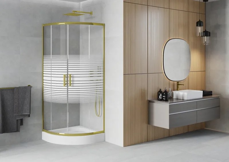 Mexen Rio, štvrťkruhový sprchovací kút s posuvnými dverami 70(dvere) x 70(dvere) x 190 cm, 6mm číre sklo s pásikmi, zlatý profil + biela sprchová vanička RIO, 863-070-070-50-20-4710
