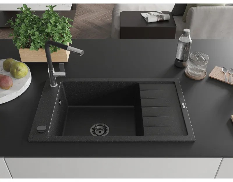 Mexen Elias, 1-komorový granitový drez 795x480x200 mm a drezová batéria Flora, čierna-strieborná metalíza, 6511-73-670401-07-B