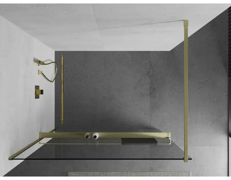 Mexen Kioto+, sprchová zástena Walk-In s poličkou a vešiakom 100 x 200 cm, 8mm číre sklo, zlatý matný profil, 800-100-121-55-00