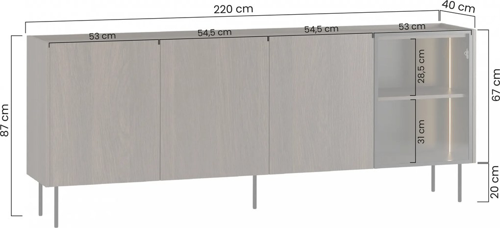 Štvordverová komoda Dunari 220 cm so zásuvkami - dub slávonia - Výstavný výpredaj