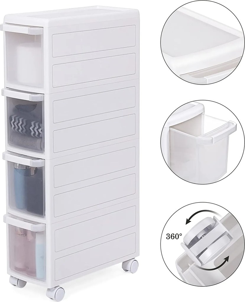 SONGMICS Pojazdný regál 4 boxy biely plast 18 x 84 x 46 cm