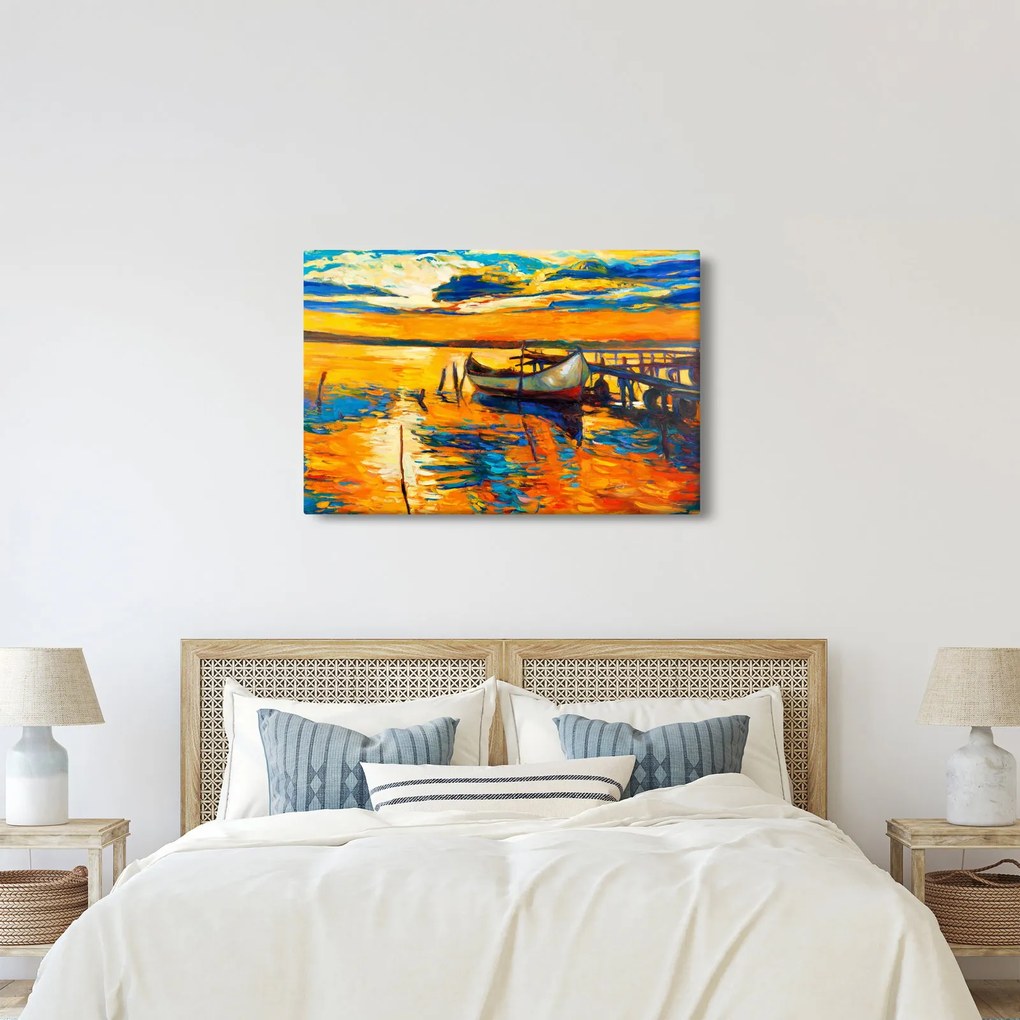 Obraz - Loďka pri západe slnka (90x60 cm)