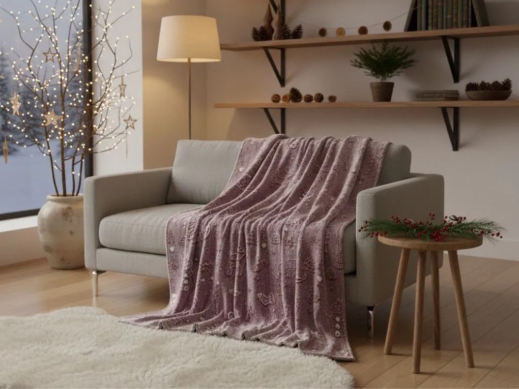 Svietiaca vianočná mikroplyšová deka PAINTY CHRISTMAS, vínová Rozmer: 150 x 200 cm