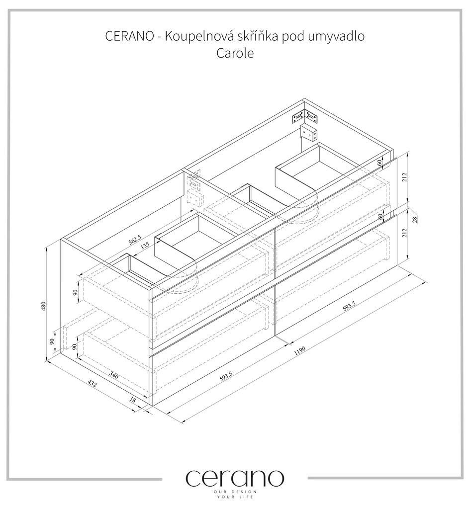 Cerano Carole, závesná skrinka pod umývadlo 120x46x50 cm, čierna matná, CER-CER-431578