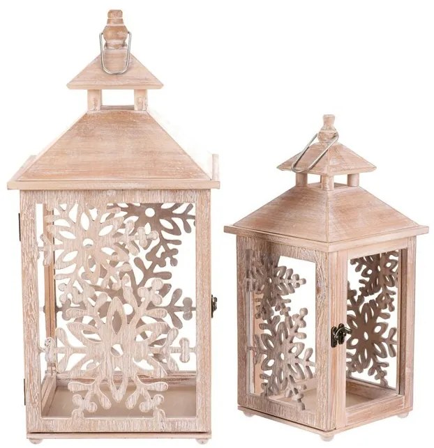 Súprava drevených lampášov Vločka 2 ks, prírodná