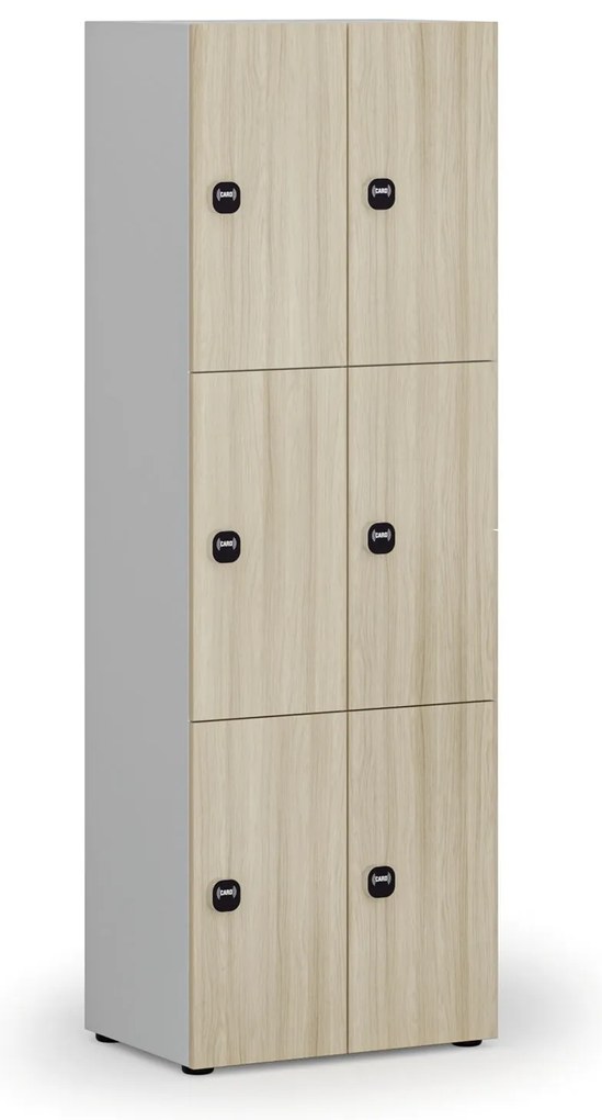 Drevená šatníková skrinka s úložnými boxmi, 6 boxov, RFID zámok, sivá/dub prírodný