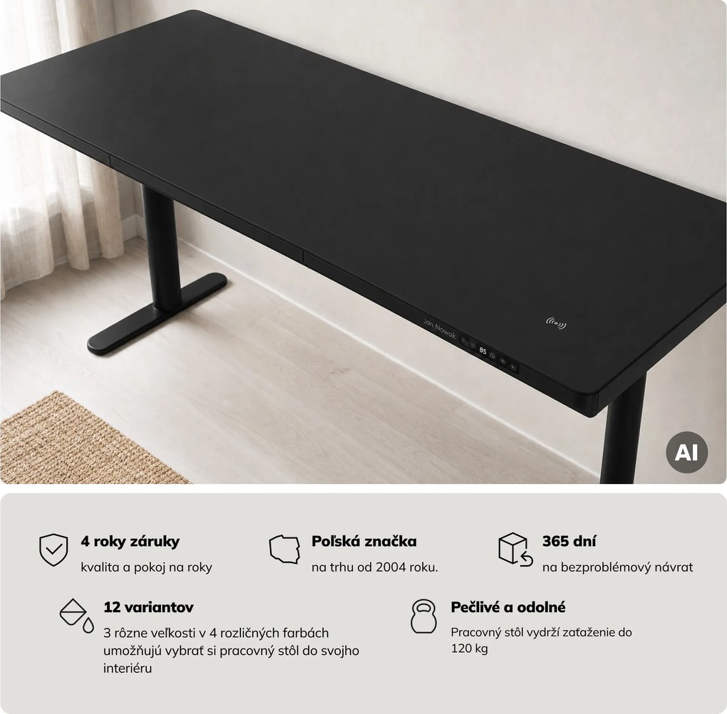Elektrický písací stôl sit-stand so zásuvkou a bezdrôtovou nabíjačkou Qi čierny, 1600 mm: ELLIS