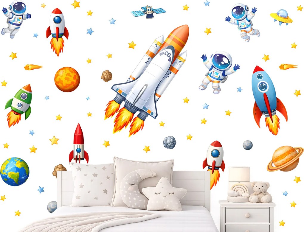 Vesmírna raketa textilní prelepiteľná nálepka na stenu hárok 46 x 38 cm