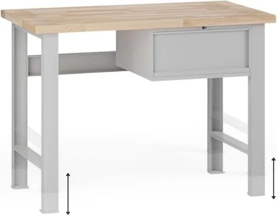 Výškovo nastaviteľný dielenský stôl G7, buková škárovka, 1200 x 685 x 840-1040 mm, 1x kontajner, 1 zásuvka, sivá