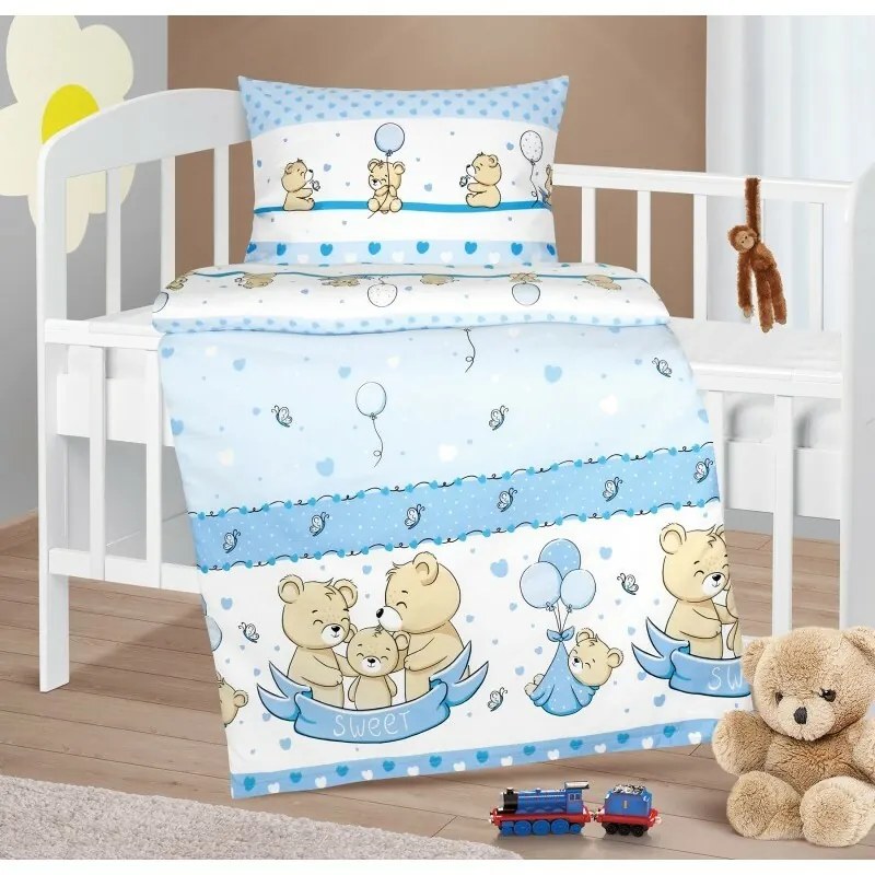 Bellatex Bavlnené obliečky do postieľky Agata Bearmodré, 90 x 135 cm, 45 x 60 cm