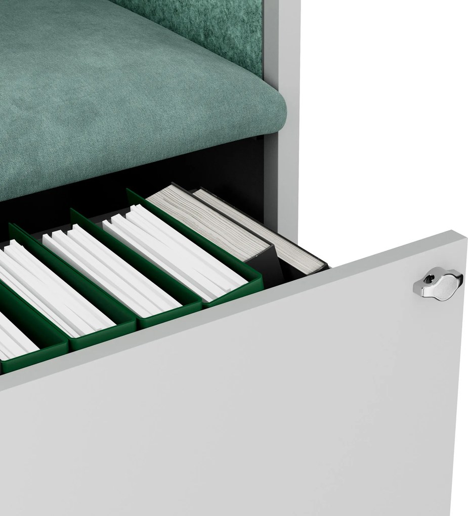 Akustická kabína SALLY MentalBox 600 mm – sivý korpus, zelené sedadlo