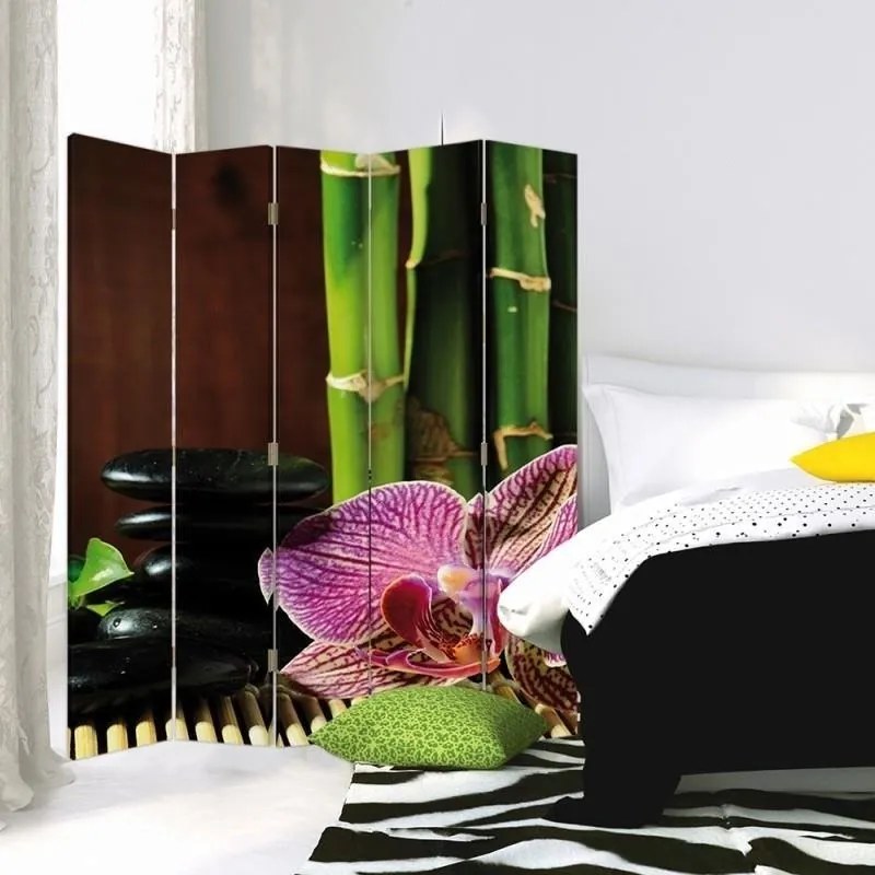 Ozdobný paraván Orchidejové bambusové kameny - 180x170 cm, päťdielny, klasický paraván