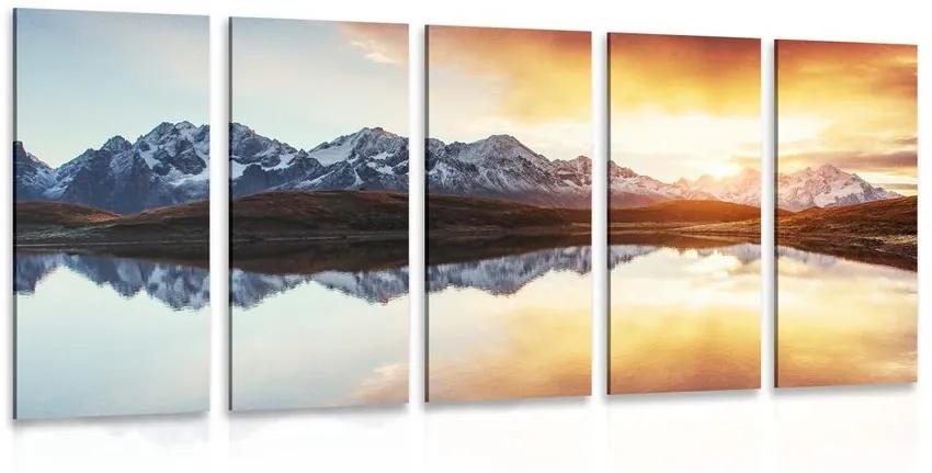 5-dielny obraz oslnivý západ slnka nad horským jazerom Varianta: 100x50