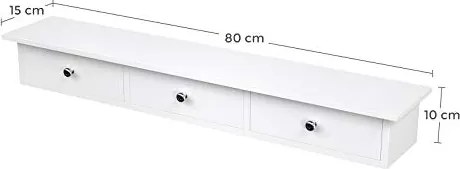 Plávajúca nástenná polica s 3 zásuvkami, 80 x 15 x 10 cm, biela