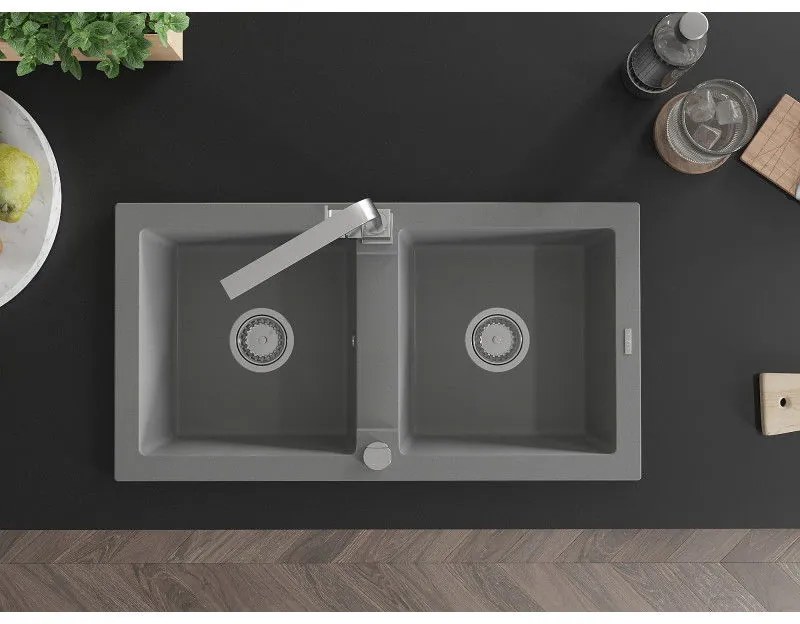 Mexen Mario, granitový drez 820x436x161 mm, 2-komorový, šedá s chrómovým sifónom a chrómová drezová batéria Rita, 6504-71-670300-00