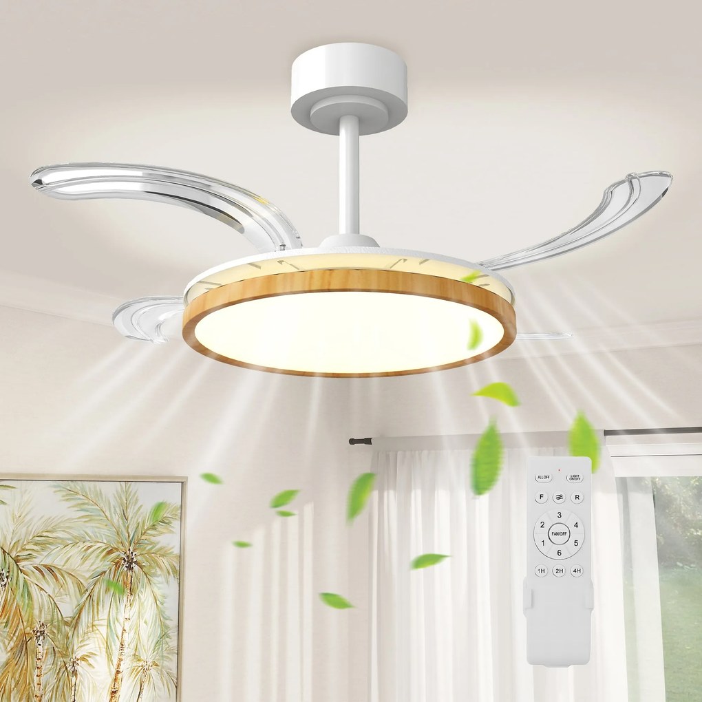 HOMCOM LED stropný ventilátor so svetlom, 80 W, reverzný DC motor, tichý, diaľkové ovládanie, 6 rýchlostí, 3 farebné teploty, časovač, Ø 95 cm, prírod