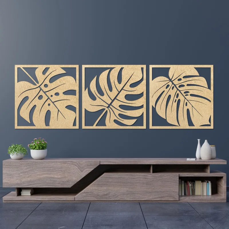 Drevený obraz Monstera – 3-dielna dekorácia na stenu | SENTOP PR0536