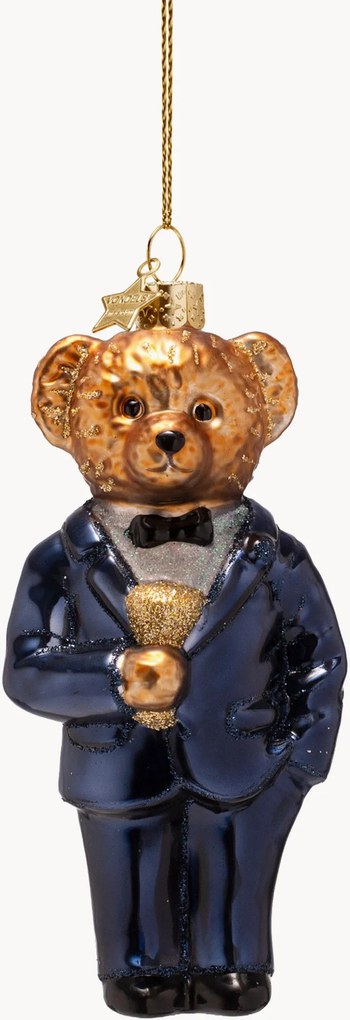 Ručne fúkaná vianočná ozdoba Bear Blue in Clothes