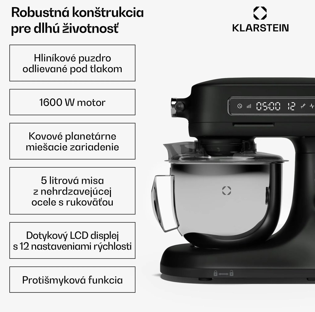 Klarstein Chiara kuchynský robot, 1600 W, 12 nastavení, misa z nehrdzavejúcej ocele, LCD displej, vrátane príslušenstva